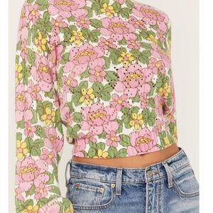 Mumu Floral Knit Cropped Sweater - Pink and Green